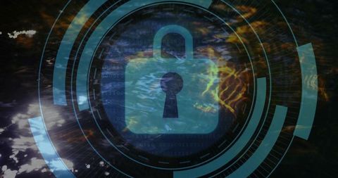 Glowing Digital Padlock Floating Over Water with HUD Rings and Binary Data