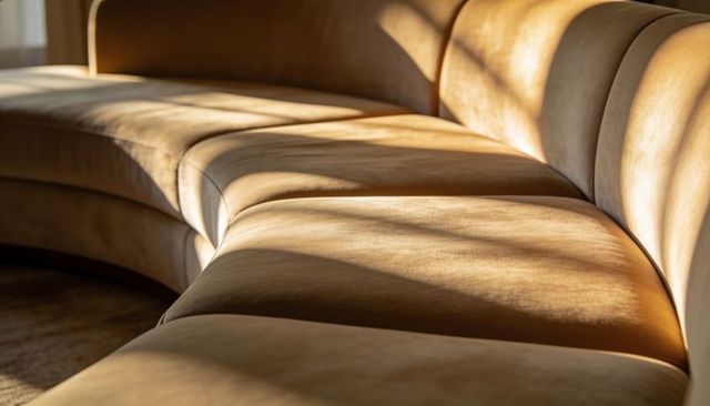 Curved tan channel-tufted sofa basking in warm sunlight with striped shadows