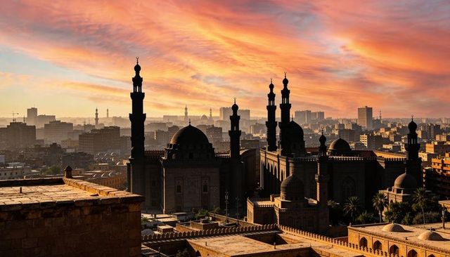 Silhouetting historic mosque skyline at dramatic sunset with domes and minarets