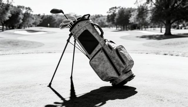 Golf stand bag leaning on manicured fairway with clubs casting long shadow, monochrome
