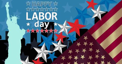 Patriotic Labor Day Celebration with Cityscape and Flags - Download Free Stock Images Pikwizard.com