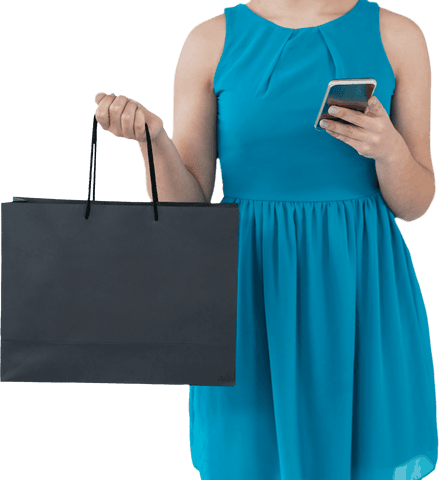 Woman Holding Shopping Bag and Smartphone on Transparent Background