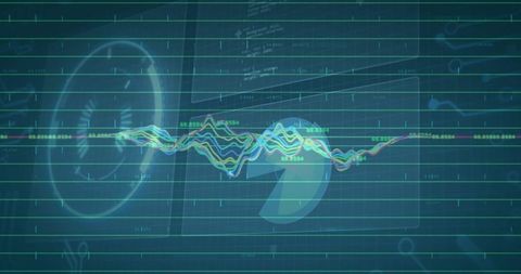 Multicolor waveform crossing teal grid hud with numeric labels, advanced data interface