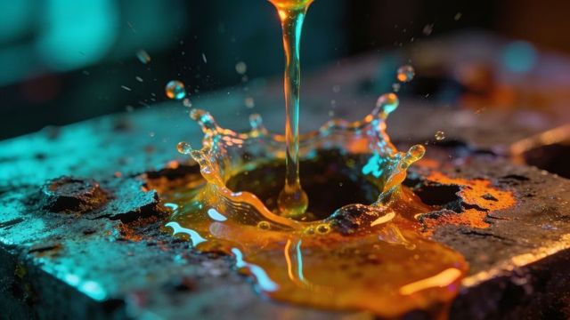 Molten metal pouring creating amber crown splash over corroded steel macro glow