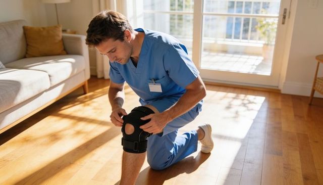 Male healthcare professional adjusting knee brace in sunlit living room for home rehab