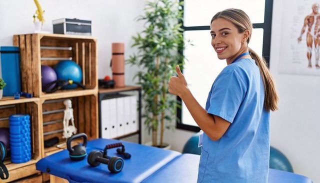 Physiotherapist giving thumbs-up in rehab clinic with therapy table and dumbbells