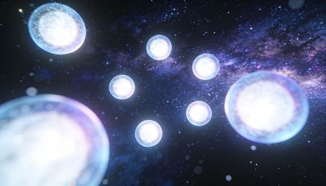 Glowing translucent orbs drifting through deep space nebula with luminous halo glow