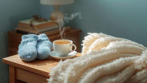 Steaming cup of tea with knitted socks and plush cream blanket on wooden bedside table
