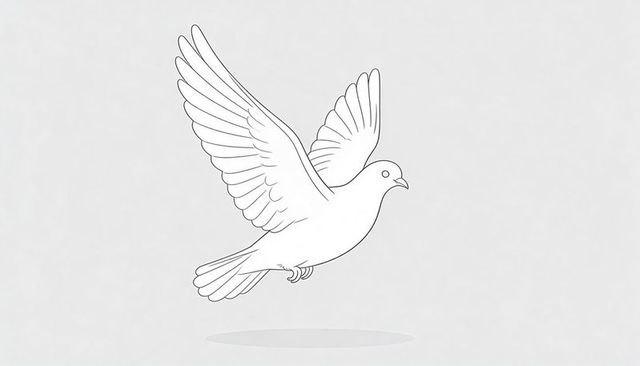 Line-drawn dove flying with wings spread over soft gray backdrop and oval shadow