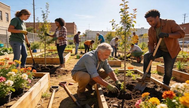 Intergenerational volunteers planting urban trees in raised garden beds, community greening