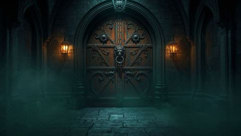 Mystical gothic doors with ornate ironwork and mist