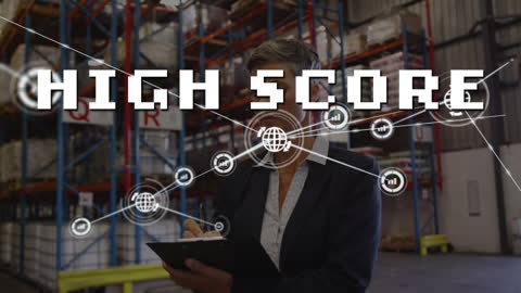 Caucasian Woman with Network Connections and ‘High Score’ Text in Warehouse