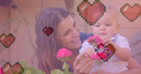 Mother and Baby Bonding in Garden with Heart Icons Overlay - Download Free Stock Images Pikwizard.com