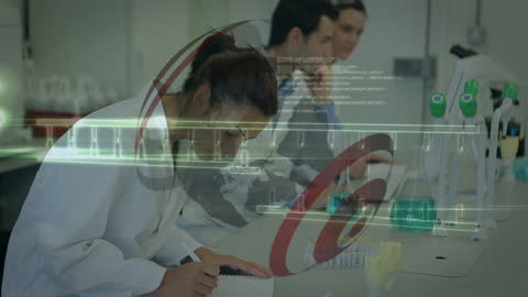 Scientists Engaged in Laboratory Research with DNA Animation Overlay