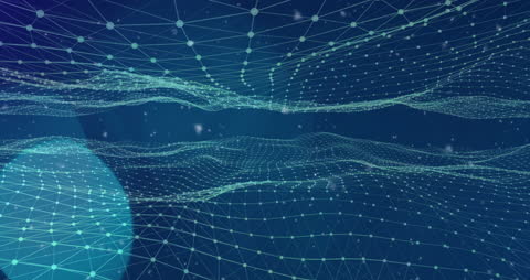 Futuristic Digital Landscape with Interconnected Grid and Falling Snowflakes