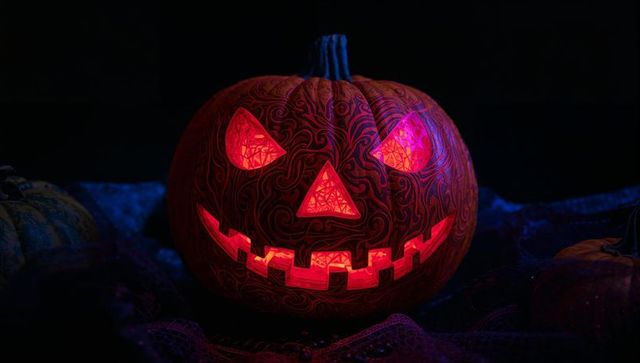 Glowing Jack-o'-Lantern with Intricate Design Close-up