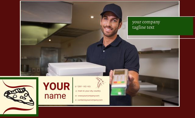 Smiling Delivery Man Offering Payment Device for Pizza Bakery Business Service - Download Free Stock Templates Pikwizard.com