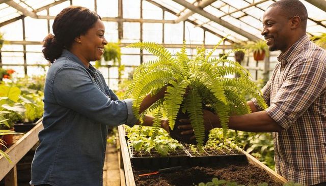 Two gardeners collaborating transplanting lush boston fern on sunlit greenhouse nursery bench
