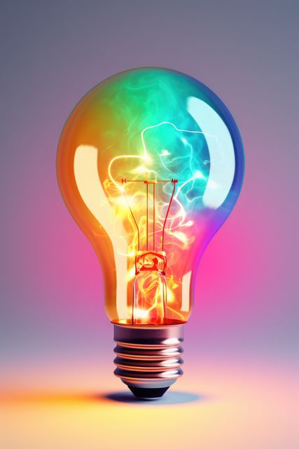This vivid electric bulb with colorful lightning sparks can be used to symbolize creativity, innovation, and energy. The gradient background enhances its bright and eye-catching appearance, making it suitable for advertisements, posters, or any design project that requires a striking visual element. Perfect for illustrating concepts related to electricity, new ideas, or technological advancements.