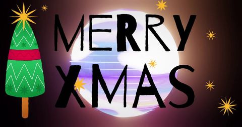 Glowing Merry Xmas Greeting with Tree and Stars