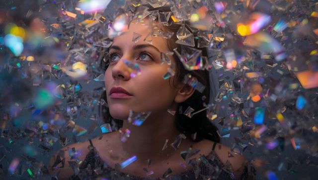 Woman gazing through prismatic holographic shards with contemplative expression