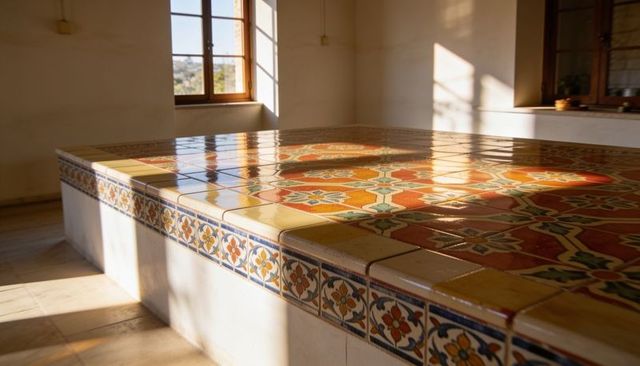 Sunlit ceramic tile dais with colorful floral geometric mosaic for mediterranean interiors