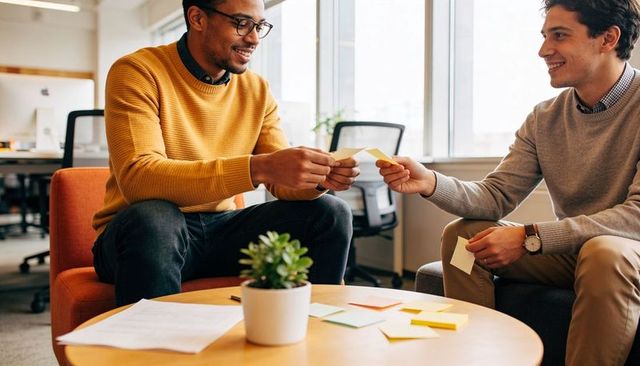 Colleagues exchanging sticky notes during casual brainstorming in modern office lounge