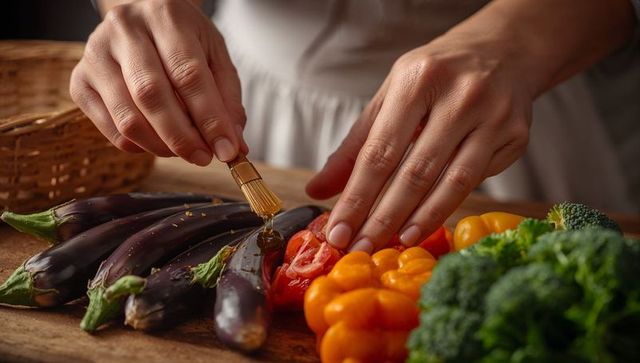 Brushing olive oil on eggplant and cherry tomatoes for rustic vegetable roast