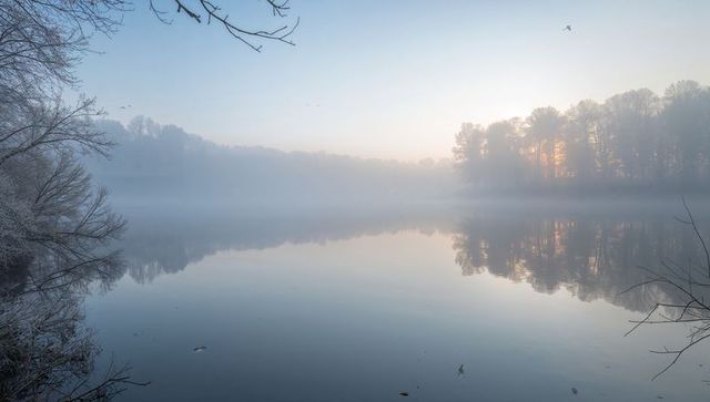 Morning mist over mirror lake reflecting treeline and bare frosted branches at sunrise