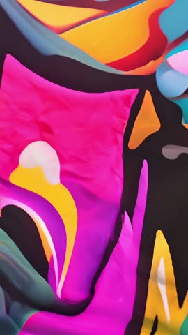 Panning vertical video revealing vibrant urban mural with pink triangle and yellow curve