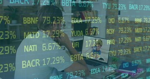 Remote Work: Father's Online Business Meeting with Stock Data Insights