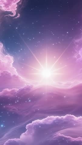 Vertical cosmic starburst lighting violet-pink nebula clouds with twinkling stars