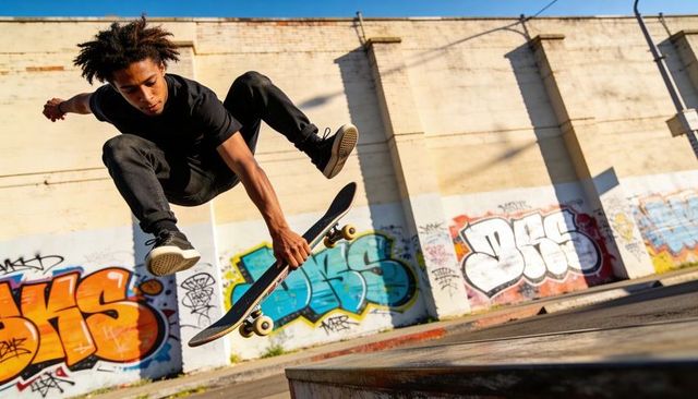 Skateboarder executing ollie grabbing trick over ledge with vibrant graffiti backdrop