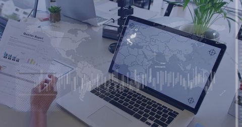 Businesswoman Analyzing Quarterly Report with Global Data Overlay