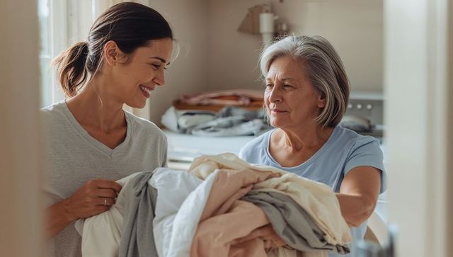 Mother and daughter folding laundry together in bright home laundry room