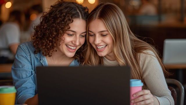 Two young women smiling at laptop in cozy cafe sharing coffee, collaborating and laughing