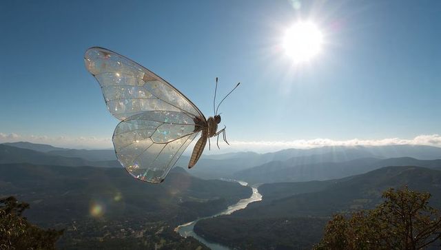 Prismatic butterfly with iridescent wings gliding over sunlit mountain valley with river and lens fl