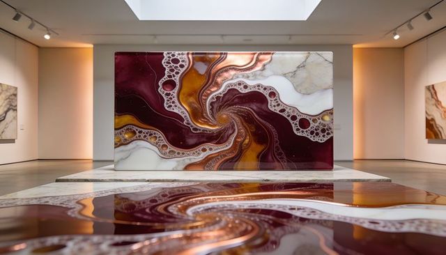 Burgundy copper marble swirl panel featuring glossy metallic veins reflecting on gallery floor