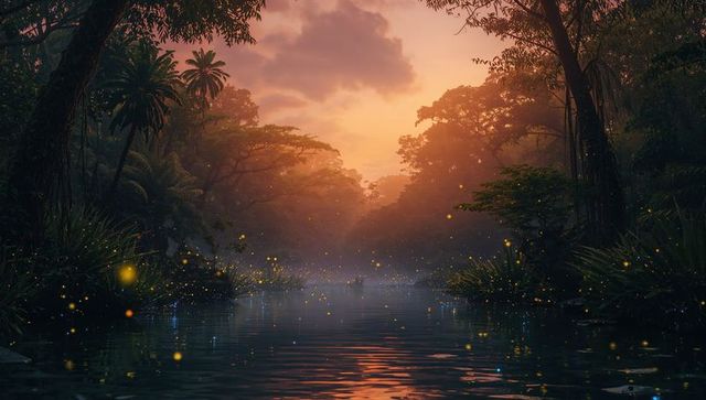 Glowing fireflies scattering over calm river through dense jungle at golden sunset mist