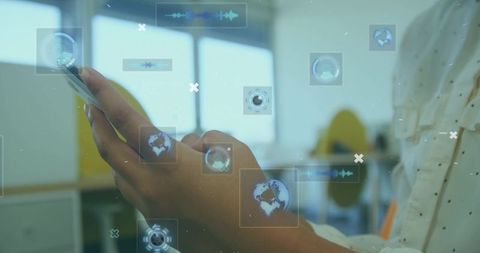 Tapping smartphone with augmented reality overlays, globe UI and waveform sensor in modern office