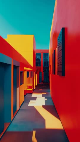 Vertical video gliding through vibrant modern corridor with bold color blocks and dramatic shadows