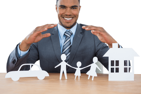 Businessman Protecting Family, Car, and House with Transparent Paper Figures