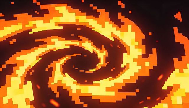 Rotating pixel vortex spiral of glowing ember blocks drawing viewer into central void