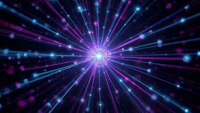 Radiating neon core emitting cyan and magenta data beams for futuristic cyber network