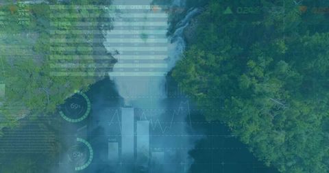 Aerial Waterfall in Mountain Forest with Digital Data Overlay