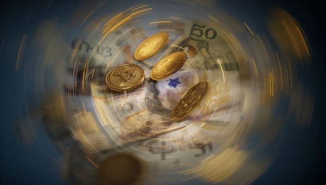 Spinning Bitcoin Coins Vortex Swirling Over 50 Currency Note With Blue Emblem