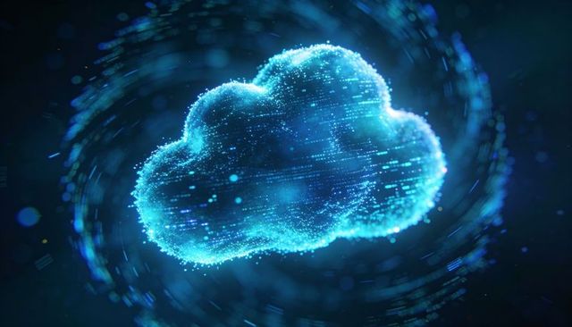 Glowing digital cloud pulsing and rotating with neon cyan data particles and rings