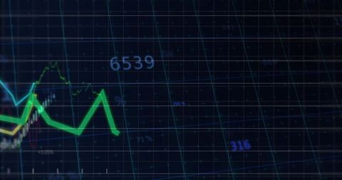 Neon green jagged line on digital trading grid with candlesticks, numbers, data overlay