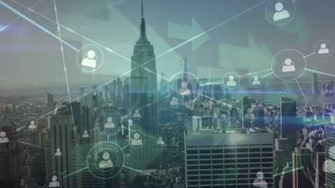 Digital Network Overlay on Modern Urban Skyline