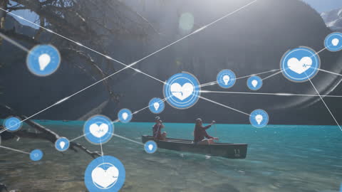 Augmented Reality Overlays on Couple Canoeing in Mountain Lake